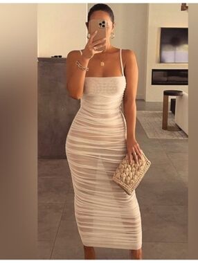 Jluxlabel Sexy, Sheer Mesh, Bodycon, Ruched, Stretchy, Midi Dress, Color Cream